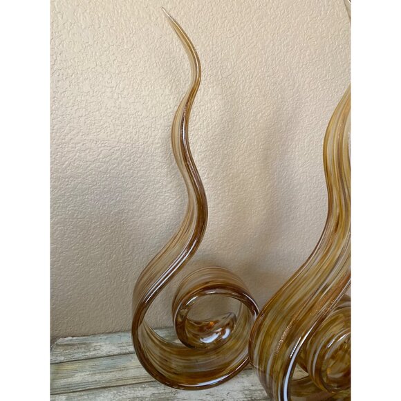 HQT Handcrafted Amber Swirl Art Glass Sculptures 12" – Set of 2 Murano Style Fla - Picture 2 of 13